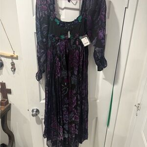 Free People Black and Purple Floral Long Sleeve Dress